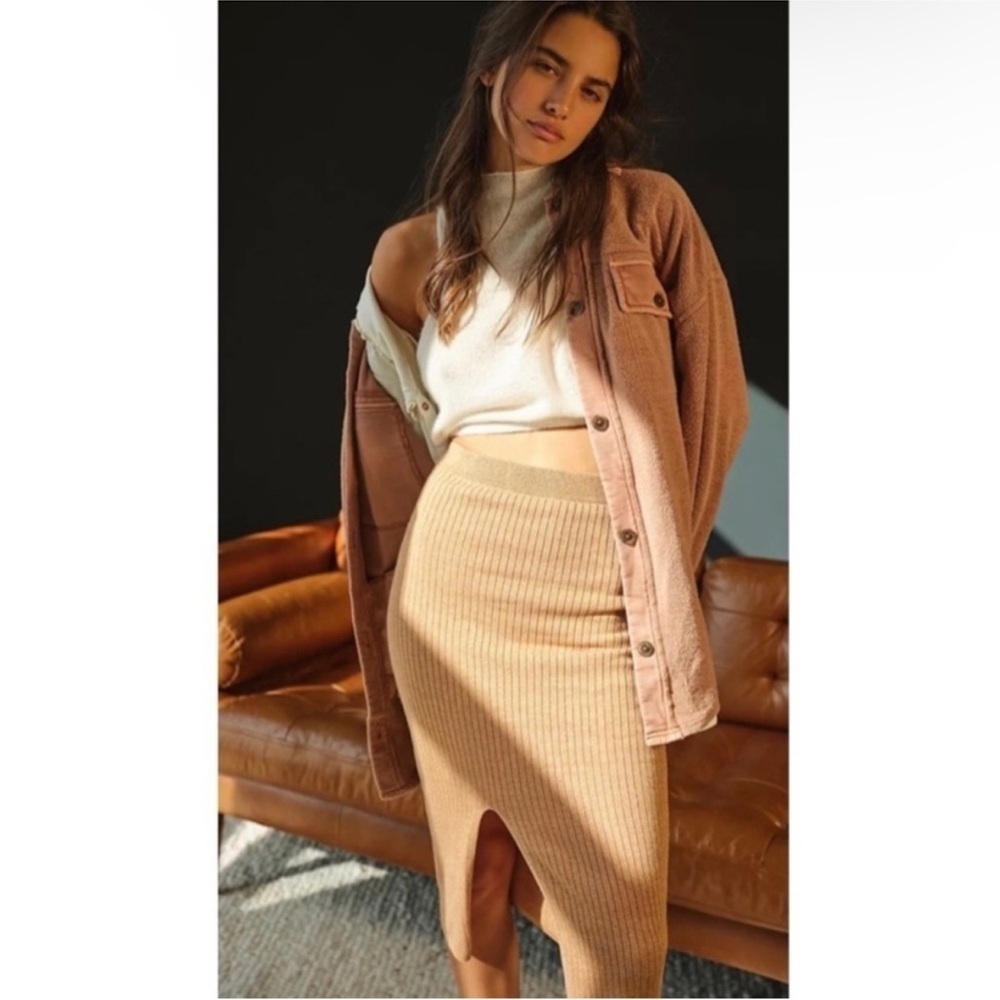 Free People Skyline Rib-Knit Midi Skirt Tan Stretch Open Slit Front Tan XS Sexy - Picture 2 of 11